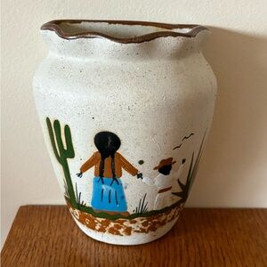 Vintage Wall Pocket Vase Planter Stoneware Pottery Mexico Mother Child Painted